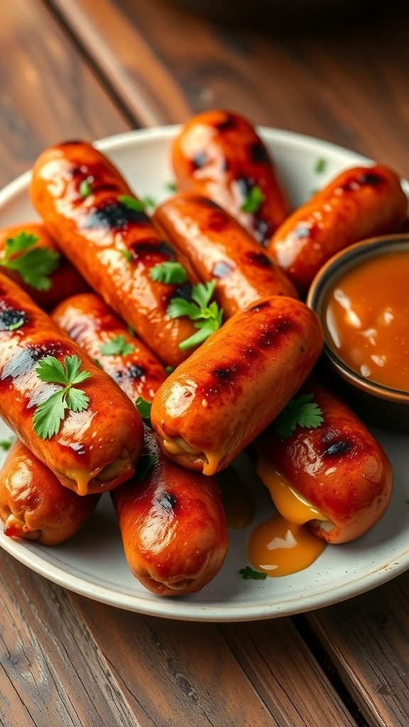 Grilled juicy stuffed sausages on a plate with cheese oozing out, garnished with parsley and served with dipping sauce.